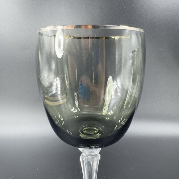 Sasaki Glass Platinum Rim Smokey Green Black Goblet Glasses Cups 7inch Set 2 VTG - Picture 6 of 11